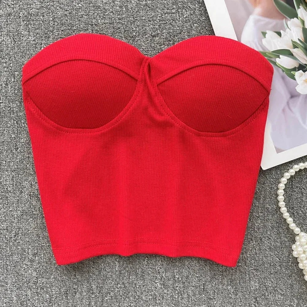 1PCS Strapless Tight Tank Women Summer Casual Solid Color Crop Sexy Sweetheart Neck Strapless Top Summer Fashion