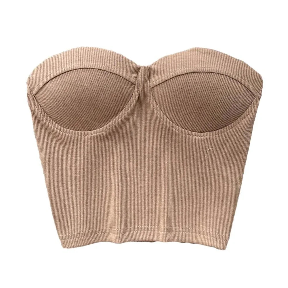 1PCS Strapless Tight Tank Women Summer Casual Solid Color Crop Sexy Sweetheart Neck Strapless Top Summer Fashion