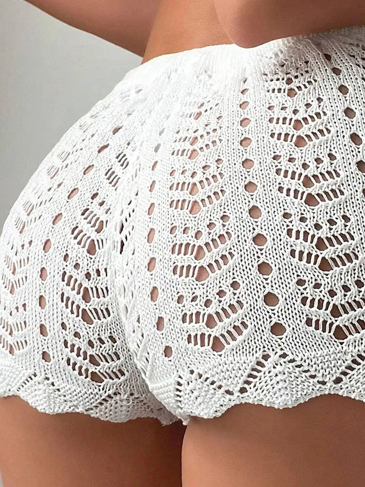 Hollow Drawstring Open Waist Knitted Bikini Blocked Women's Shorts