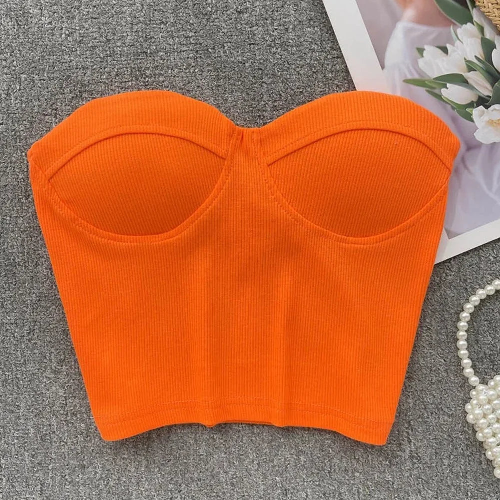 1PCS Strapless Tight Tank Women Summer Casual Solid Color Crop Sexy Sweetheart Neck Strapless Top Summer Fashion