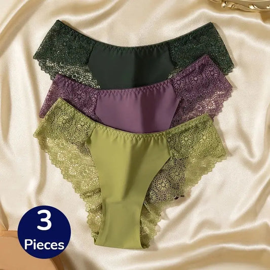 3PCS/Set TrowBridge Sweet Women's Panties Silk Satin Underwear Lace Sexy Lingerie Girls Breathable Briefs Soft Comfortable Panty