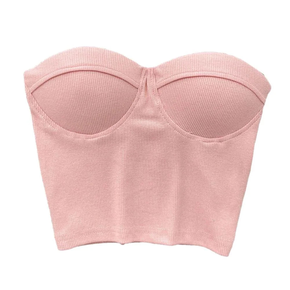 1PCS Strapless Tight Tank Women Summer Casual Solid Color Crop Sexy Sweetheart Neck Strapless Top Summer Fashion