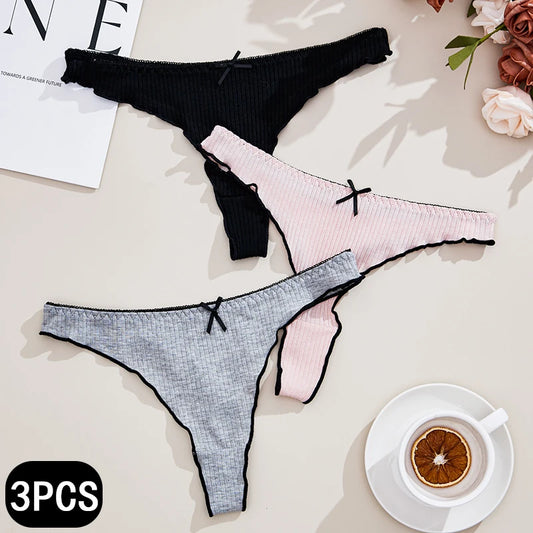 3Pcs Women's Thong Low-rise Panties Solid Color Cotton Lingerie